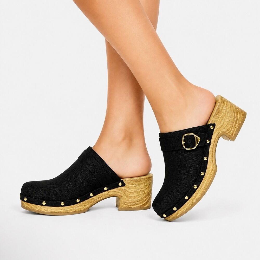 TARYN by Taryn Rose Fazie Black Knit Buckle Studded Platform Clogs Women’s 9 NWT